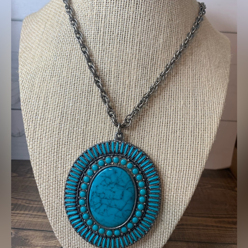 Vintage 1970s Silver Faux Turquoise Radial Pendant